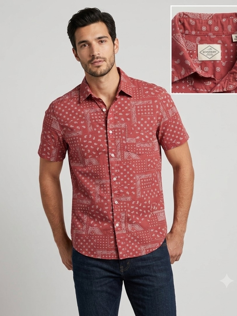 St. John's Bay Brick Red Short-Sleeve Printed Button-Down Shirt Size M. MS 49